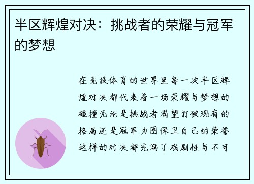 半区辉煌对决：挑战者的荣耀与冠军的梦想