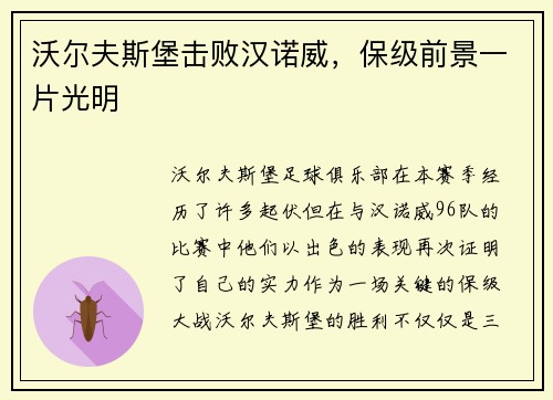 沃尔夫斯堡击败汉诺威，保级前景一片光明