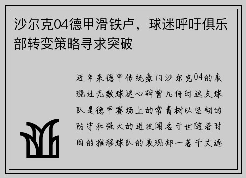 沙尔克04德甲滑铁卢，球迷呼吁俱乐部转变策略寻求突破
