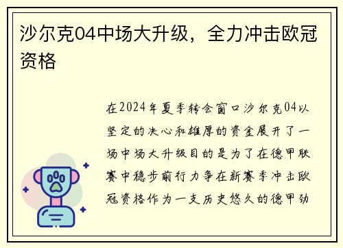 沙尔克04中场大升级，全力冲击欧冠资格